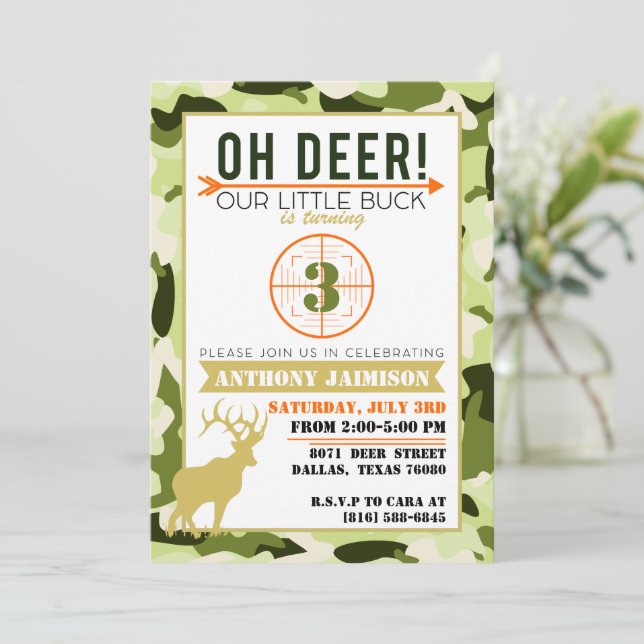 Oh Deer Hunting Theme Invitation Camo Green Colour (Standing Front)
