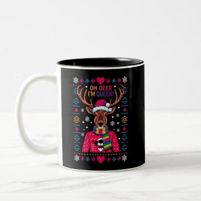 Oh Deer I'm Queer LGBT LGBTQ Gay Pride Ugly Xmas Two-Tone Coffee Mug (Left)