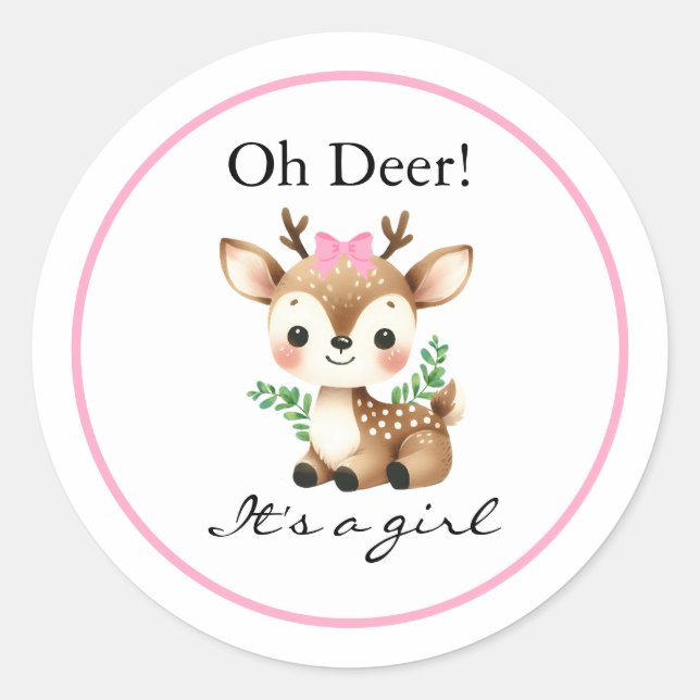 Oh Deer It's A Girl Baby Shower Classic Round Sticker (Front)