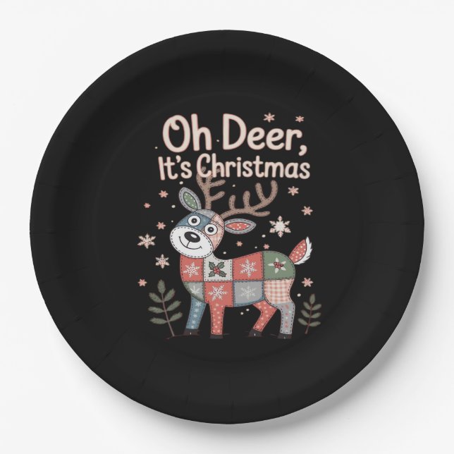 Oh Deer Its Christmas Miniature Patchwork Squares Paper Plate (Front)