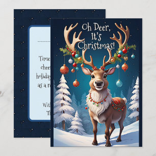 Oh Deer It's Christmas   Whimsical Reindeer Cheer Holiday Card