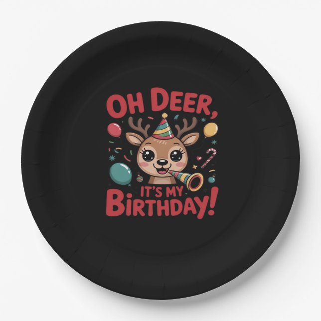 Oh Deer Its My Birthday Cute Reindeer Festive Styl Paper Plate (Front)