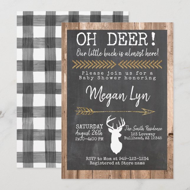 OH Deer! Little Buck Buffalo Plaid Baby Shower Invitation (Front/Back)