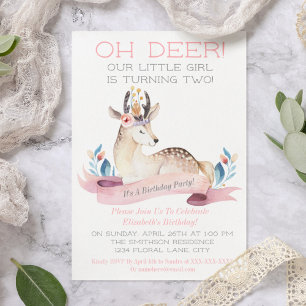 Oh Deer Little Girl Second Birthday Party Pink Invitation