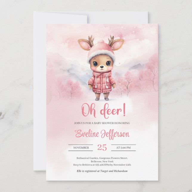Oh deer little pink deer winter girl Baby Shower Invitation (Front)