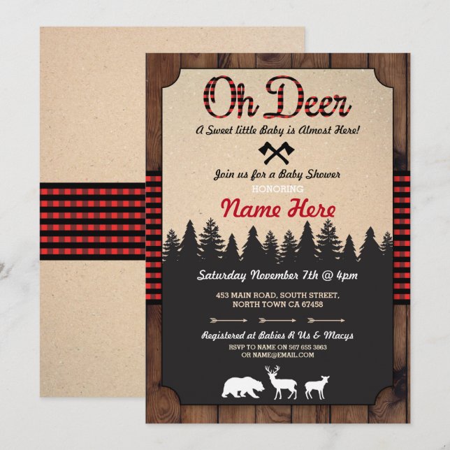 Oh Deer Lumberjack Red Baby Shower Boy Girl Invite (Front/Back)