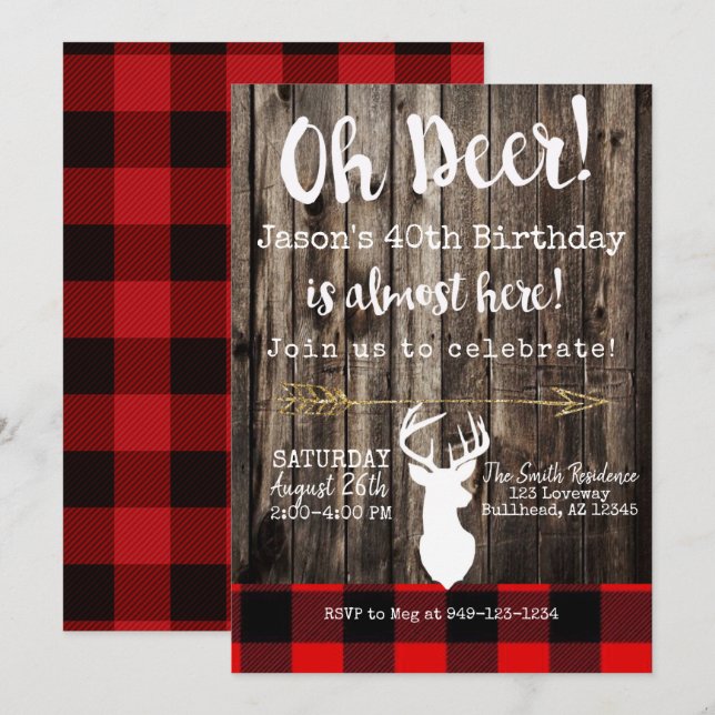 Oh Deer! Men's hunting wood background Birthday Invitation (Front/Back)