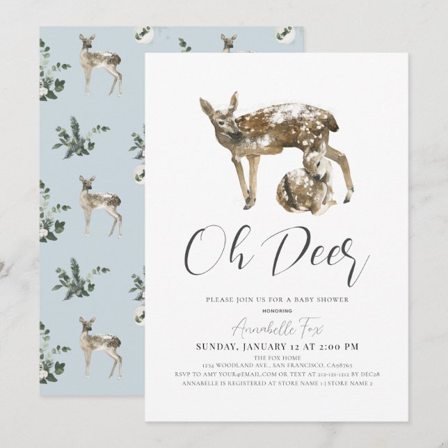 Oh Deer Mum & Fawn Blue Boy Baby Shower Invitation (Front/Back)