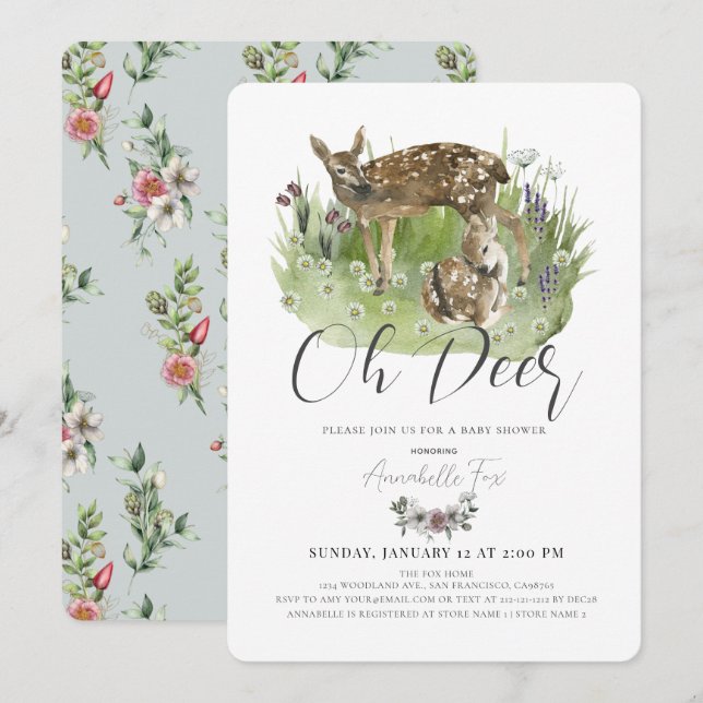 Oh Deer Mum & Fawn Floral Boy Baby Shower Invitation (Front/Back)