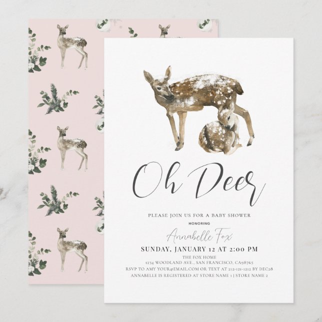Oh Deer Mum & Fawn Pink Girl Baby Shower Invitation (Front/Back)