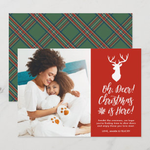 Oh, Deer! One Photo   Green Plaid Holiday Card