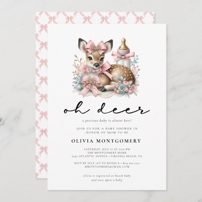 Oh Deer Pink Bows Woodland Forest Baby Shower  Invitation (Front/Back)