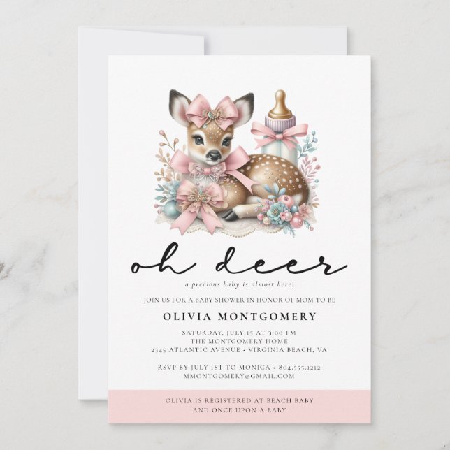 Oh Deer Pink Bows Woodland Forest Baby Shower  Invitation (Front)