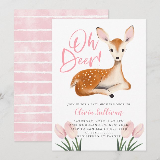 Oh Deer Pink Floral Baby Shower Invitation (Front/Back)