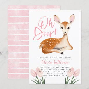 Oh Deer Pink Floral Baby Shower Invitation