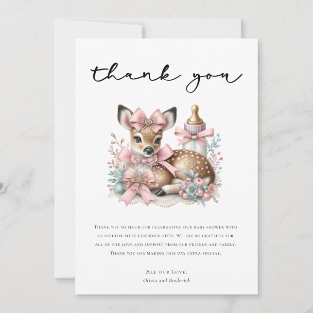 Oh Deer! Pink Floral Baby Shower Thank You  Invitation (Front)
