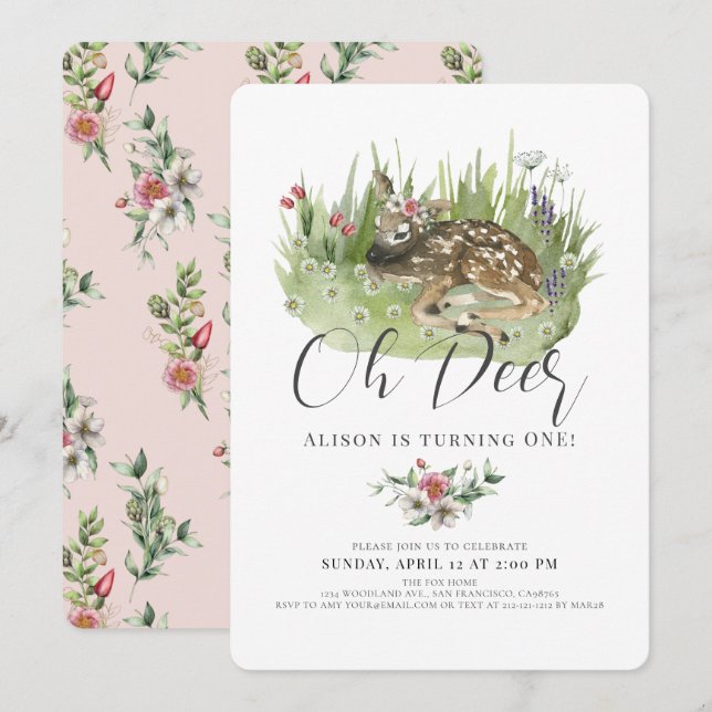 Oh Deer Pink Floral Girl 1st Birthday  Invitation (Front/Back)