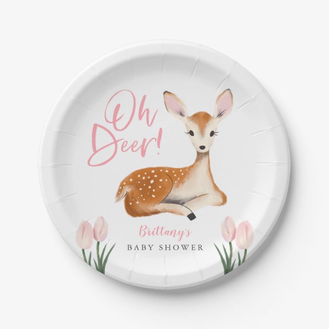 Oh Deer Pink Floral Spring Baby Shower Paper Plate (Front)