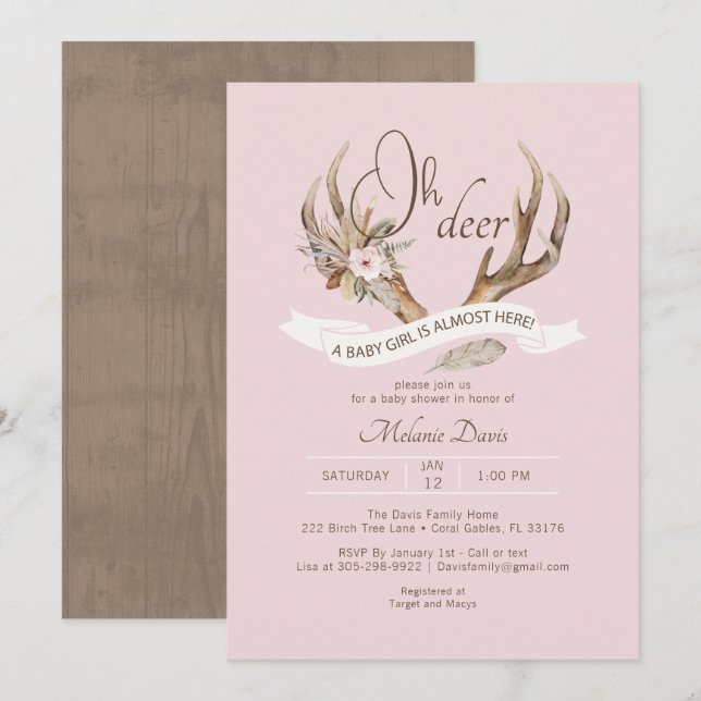Oh Deer Pink Woodland Baby Shower Invitation – Boh (Front/Back)