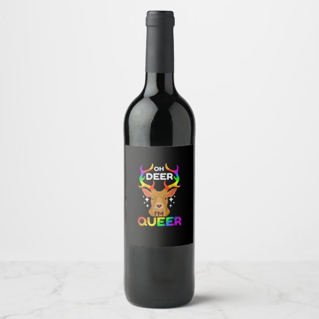 Oh Deer Queer Funny LGBTQ Pride Awareness  Wine Label (Front)