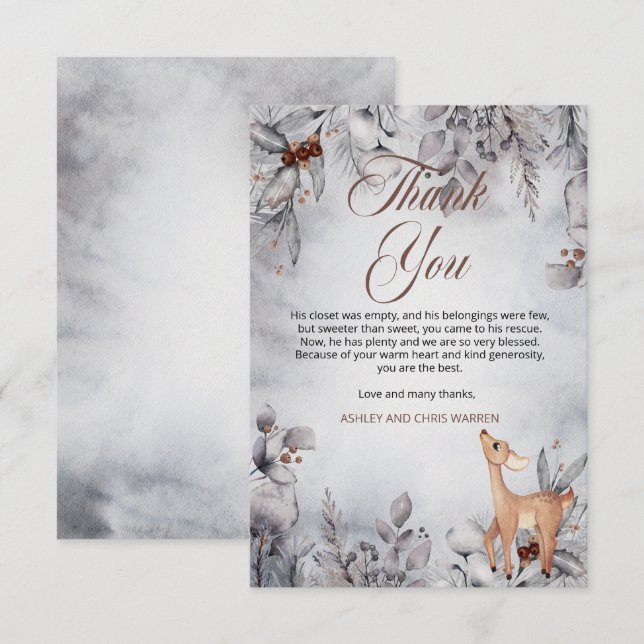 Oh Deer Rustic Winter Floral Baby Shower Thank You Card (Front/Back)
