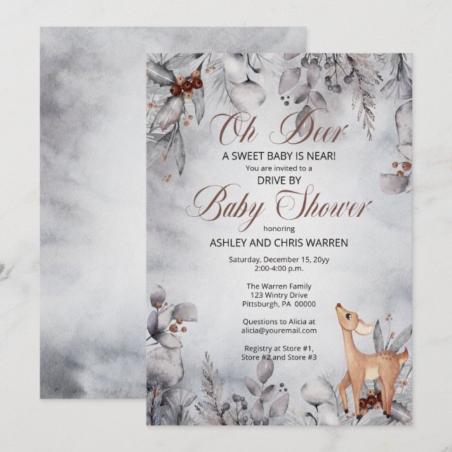 Oh Deer Rustic Winter Floral Drive By Baby Shower Invitation (Front/Back)