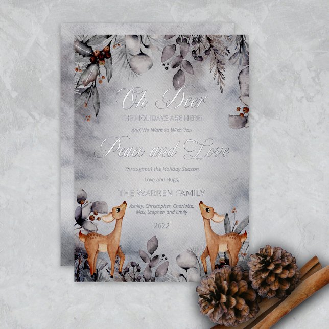 Oh Deer Rustic Winter Floral Peace and Love Foil Holiday Card (Creator Uploaded)