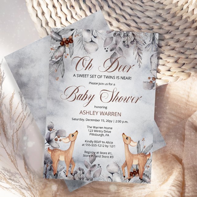 Oh Deer Rustic Winter Floral Twins Baby Shower  In Invitation (Oh Deer Rustic Woodland Twins Baby Shower Invitation)