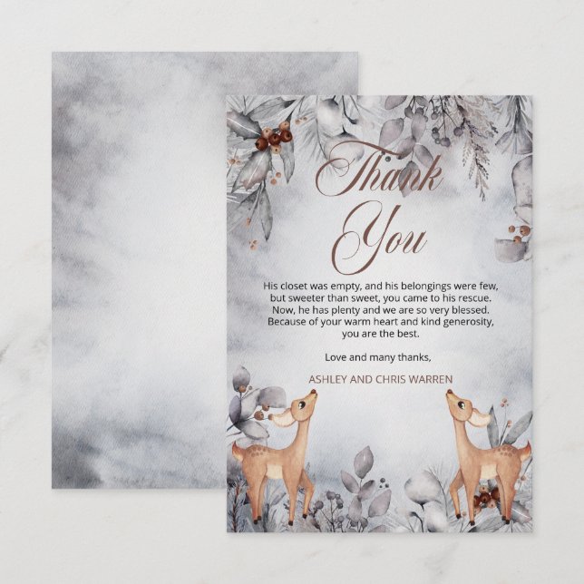 Oh Deer Rustic Winter Floral Twins Baby Shower Thank You Card (Front/Back)