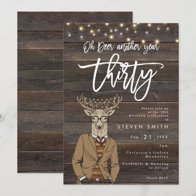 oh deer rustic wood lights 30th birthday invitation (Front/Back)