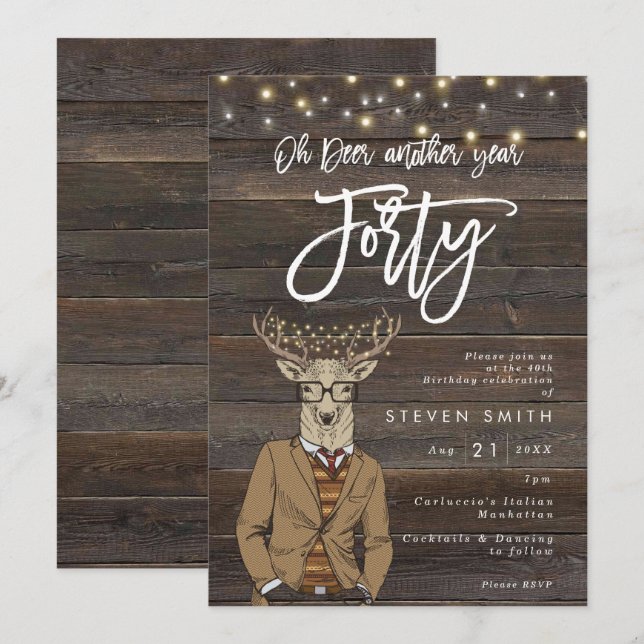 Oh deer rustic wood lights 40th birthday invitation (Front/Back)