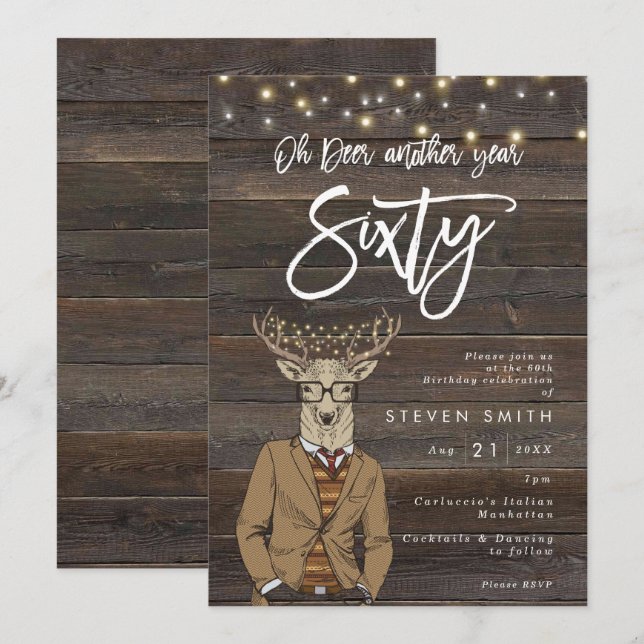 Oh deer rustic wood lights 60th birthday invitation (Front/Back)