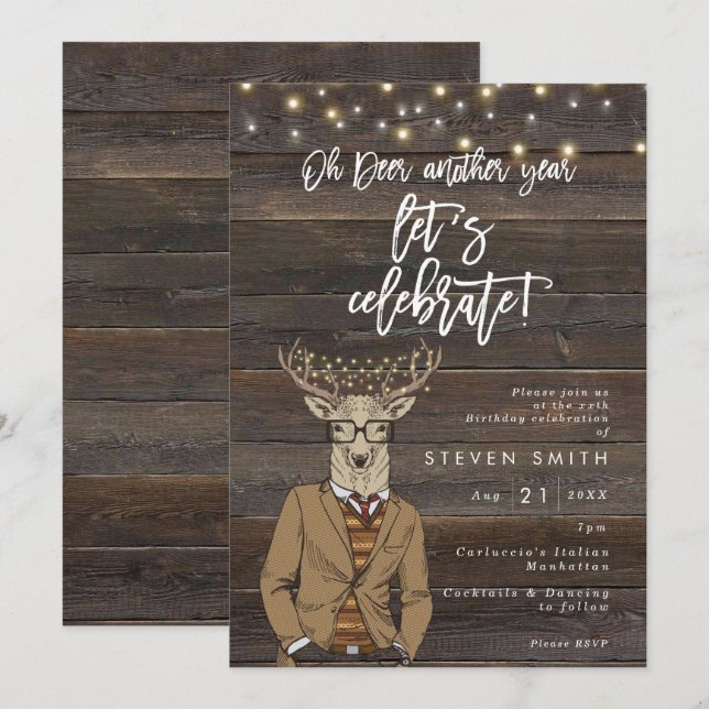 Oh deer rustic wood lights birthday party invitation (Front/Back)