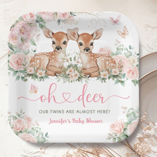 Oh Deer Twin Girls Baby Shower Pink Paper Plate (Creator Uploaded)
