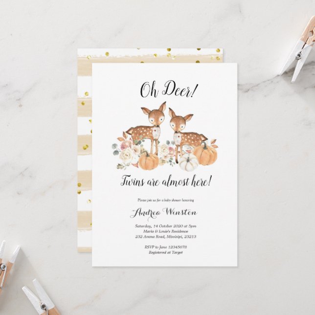 Oh Deer Twins Pumpkin Baby Shower Invitation (Front/Back In Situ)