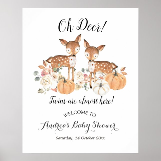 Oh Deer Twins Pumpkin Baby Shower Welcome Sign (Front)