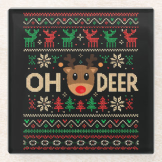 Oh Deer Ugly Christmas Sweater Glass Coaster