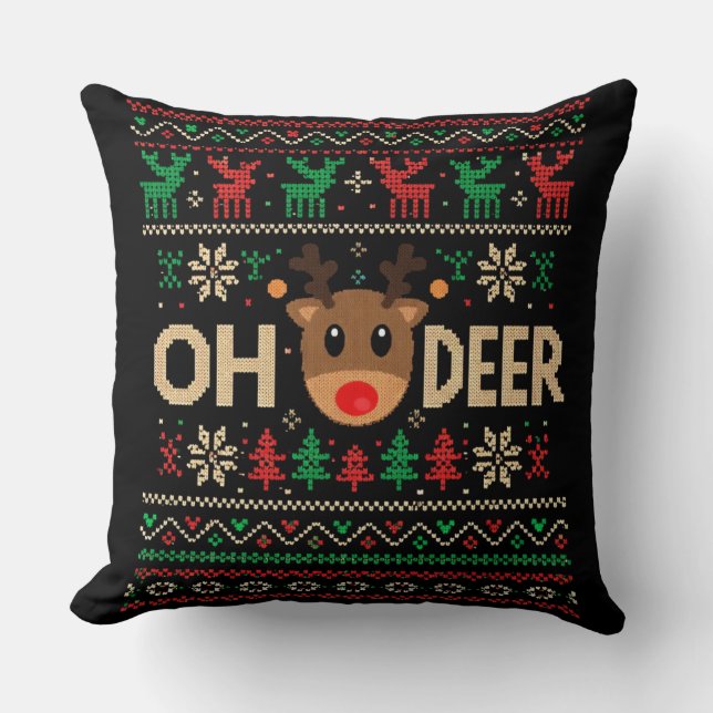 Oh Deer Ugly Christmas Sweater Throw Pillow (Front)