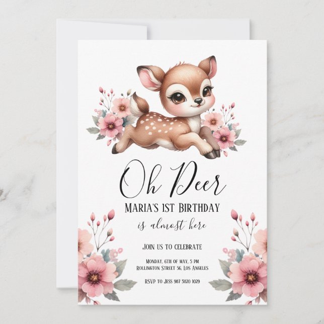 Oh Deer Watercolor Birthday Party Invitation (Front)