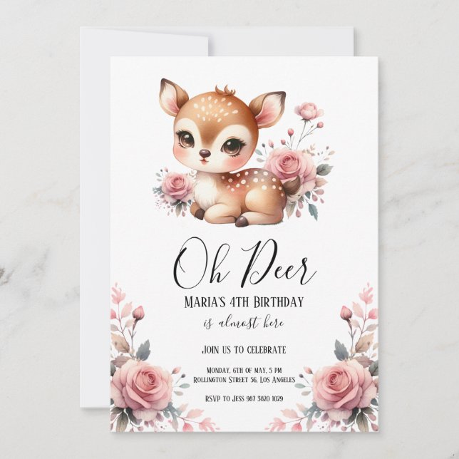 Oh Deer Watercolor Blush pink roses Birthday Party Invitation (Front)
