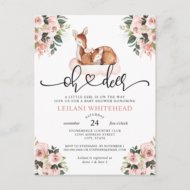 Oh Deer Watercolor Botanical Floral Baby Shower Postcard (Front)