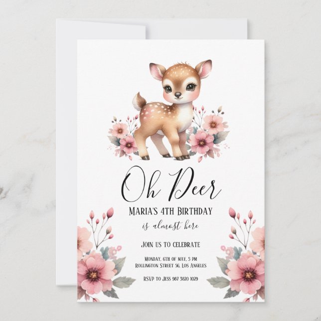 Oh Deer Watercolor Floral Birthday Party Invitation (Front)