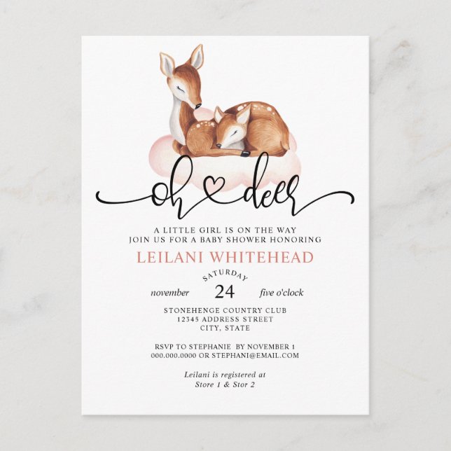 Oh Deer Watercolor Pink Cloud Baby Shower Postcard (Front)