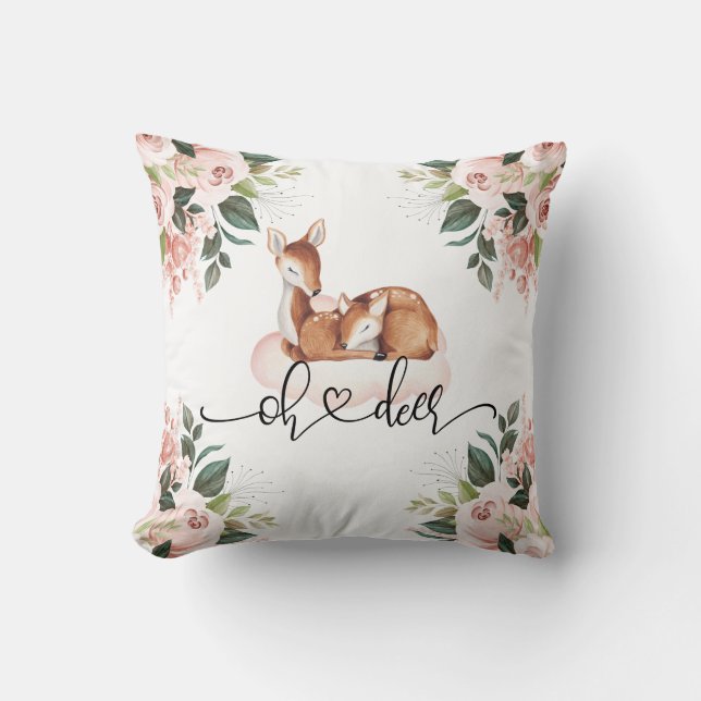 Oh Deer Watercolor Pink Floral Cushion (Front)