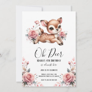 Oh Deer Watercolor Rose flowers Birthday Party Invitation