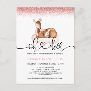 Oh Deer Watercolor Rose Gold Glitter Baby Shower Postcard