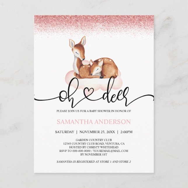 Oh Deer Watercolor Rose Gold Glitter Baby Shower Postcard (Front)