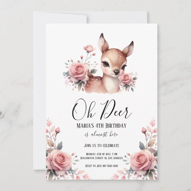 Oh Deer Watercolor Roses Birthday Party Invitation (Front)