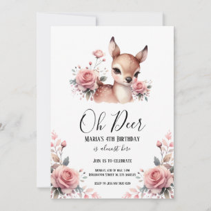 Oh Deer Watercolor Roses Birthday Party Invitation