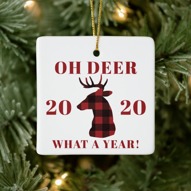 Oh Deer What a Year 2020 Buffalo Plaid Ceramic Ornament (Tree)
